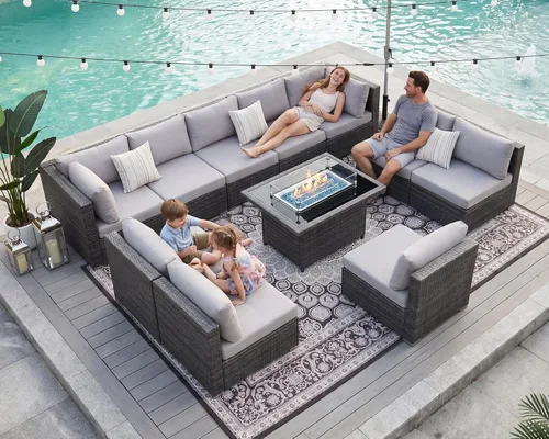 Miniatura 11 de BULEXYARD Juego de 7 piezas de sofá seccional para exteriores con respaldo alto, mesa para fogatas, juego de muebles de patio de mimbre resistente a