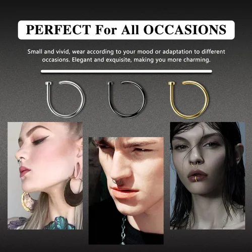 Miniatura 7 de AccGin Juego de aros de nariz de 0.63 oz20 G, en forma de D, piercing de nariz fino, joyería para nariz, tornillo, tabique, labio, tragus