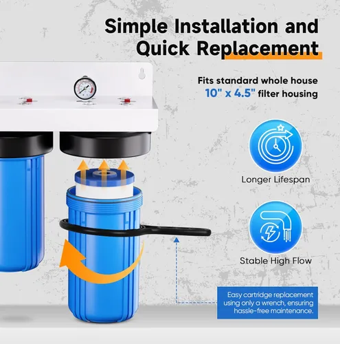 Miniatura 7 de PUREPLUS Sistema de filtración de agua de 2 etapas para toda la casa, reduce el cloro, el olor, los metales pesados, hierro, manganeso, carcasa
