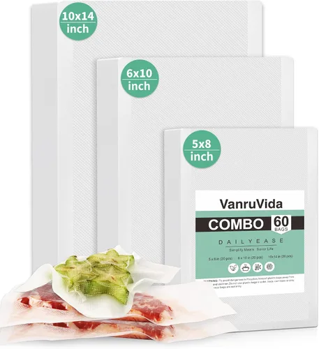 VanruVida - Bolsas selladoras al vacío para alimentos, 5 x 8 pulgadas, 6 x 10 pulgadas, 10 x 14 pulgadas, 60 unidades, bolsas de sellado precortadas