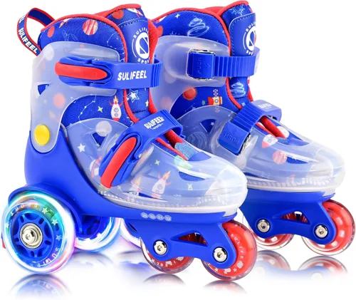Miniatura 13 de SULIFEEL Patines de Ruedas Ajustables para Niñas Niños Infantiles, Ruedas Divertidas Iluminadas con Luz Flash de Tipo Equilibrio de Tres Puntos Azul