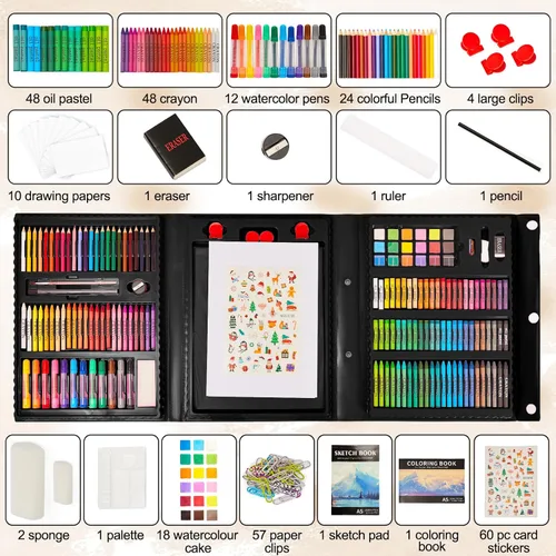 Miniatura 2 de KINSPORY Kit de arte, 290 unidades de arte para manualidades, kit de colorear, caballete triple de doble cara, pasteles al óleo, crayones y lápices
