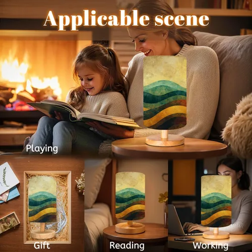 Miniatura 4 de Bedside Table Lamp Creative Minimalist Hand Illustrations Mid Century Modern Abstract Sun Dimmable Desk Lamp with Flaxen Fabric Shade Wood Base