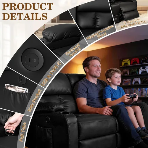 Miniatura 4 de CHABATREE Sofá reclinable con masaje y calor, asiento de cine en casa, sofá biplaza reclinable manual para caravana con soportes USB/tazas