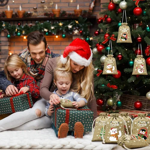 Miniatura 7 de FLOE 72 piezas Bolsas de regalo de Navidad de arpillera con cordón, bolsas de lino de Navidad con cordón para golosinas, bolsas de regalo de Navidad