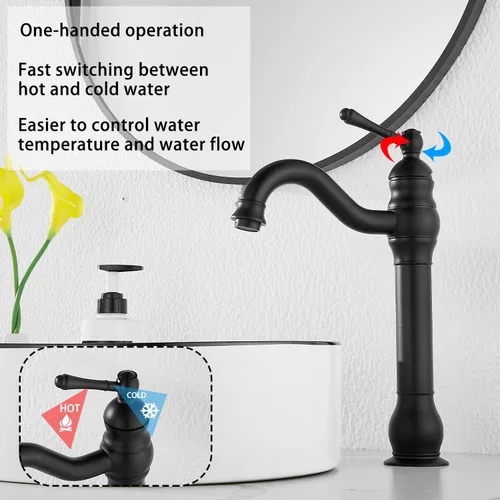 Miniatura 3 de Grifo de baño negro GGStudy con giro de 360°, de una sola manija y un agujero, grifo de fregadero de baño que coincide con el desagüe emergente