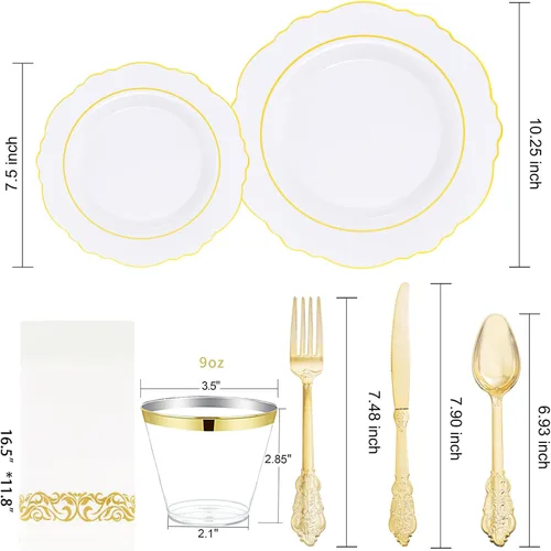 Miniatura 3 de WDF Partyware 350 Piezas de Platos Desechables Dorados para 50 Invitados, Platos de Plástico para Fiesta, Set de Vajilla de 50 Platos de Cena, 50