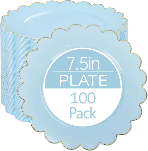 LIYH - 100 platos de plástico azul, bordes festoneados de 7.5 pulgadas, platos desechables para postre/ensalada, color azul con borde dorado, platos
