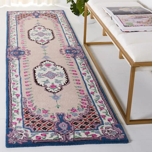 Miniatura 49 de SAFAVIEH Bellagio Collection - Alfombra decorativa de 2 x 3 pies, azul y rosa, hecha a mano de lana de medallón, ideal para zonas de alto tráfico