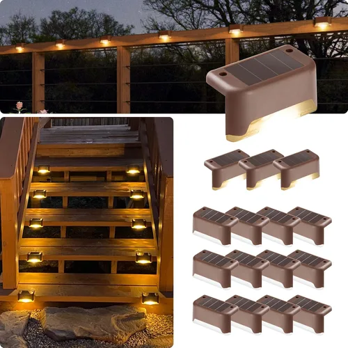 Miniatura 10 de GIGALUMI - Luces solares para cubierta al aire libre, paquete de 16, impermeables, LED, luces solares para escaleras, escalones, vallas, Blanco frío