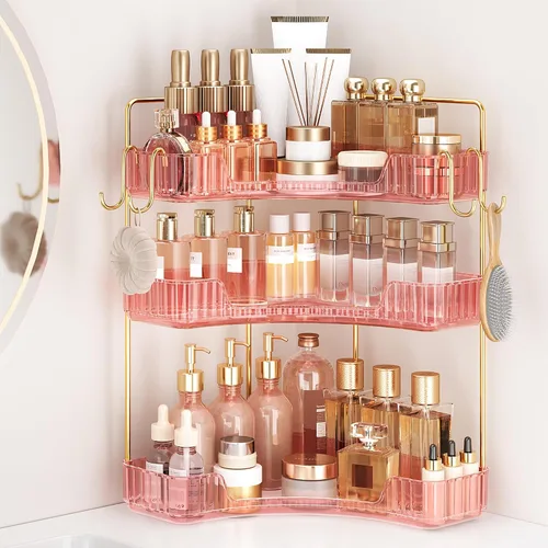Miniatura 8 de Organizador de esquina para encimera de baño, organizador de baño de 2 niveles y encimera de almacenamiento con ganchos, cuidado de la piel