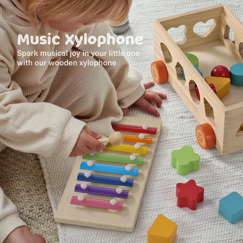 Miniatura 3 de Clasificador de formas - Juego de xilófono de madera y rompecabezas de números Montessori para bebés - Juego educativo de clasificación con coche