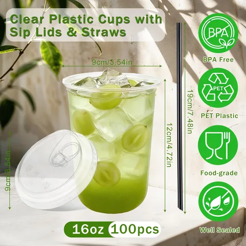 Miniatura 2 de Juego de 100 vasos de plástico transparente de 16 onzas con tapas para sorbos y popotes, tazas de café helado desechables con tapas para bebidas