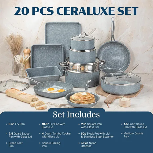 Miniatura 2 de Granitestone Ceraluxe - Juego de 20 piezas de utensilios de cocina de cerámica antiadherente, juego completo de ollas y sartenes antiadherentes