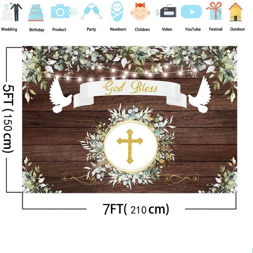 Miniatura 4 de AIBIIN Fondo rústico de 7 x 5 pies con diseño rústico de Dios bendiga bautizo para la primera comunión, fondo de fotos para fiesta de primera