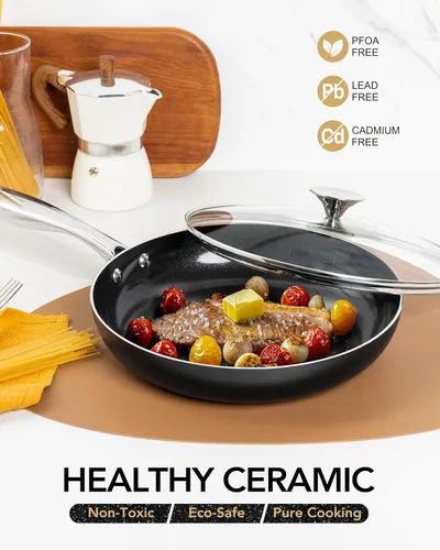 Miniatura 3 de MICHELANGELO Sartén pequeña – Sartén antiadherente de 8 pulgadas con tapa, sartenes de cerámica no tóxicas con mango de acero inoxidable, sartén