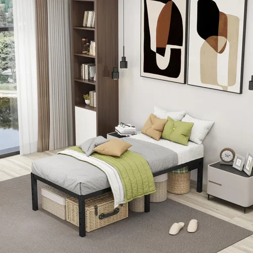 Miniatura 7 de Marcos de Cama Individuales de 14 Pulgadas Marco de Cama de Plataforma con Gran Espacio de Almacenamiento, Marco de Cama Negro Tamaño Individual