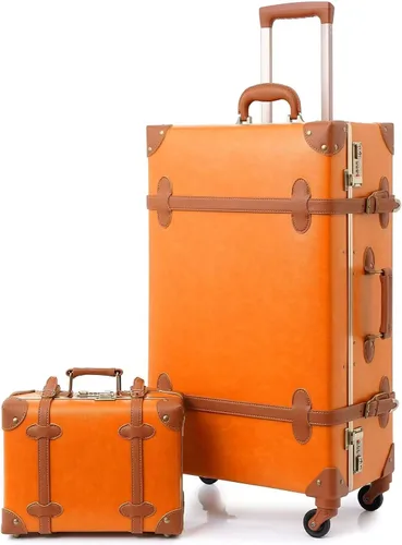 urecity Juego de 2 maletas vintage, maleta retro con ruedas para hombres y mujeres, lindo juego de equipaje de viaje de diseñador con bolsa de