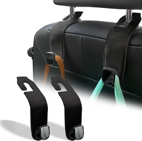 Gancho para reposacabezas de asiento de automóvil, paquete de 2 ganchos de cuero para bolsos y bolsas para colgar accesorios de organización de Negro