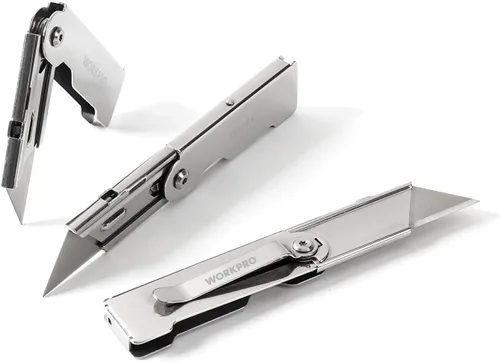 WORKPRO Juego de cuchillos de bolsillo plegables de cambio rápido de 3 piezas con clip para cinturón