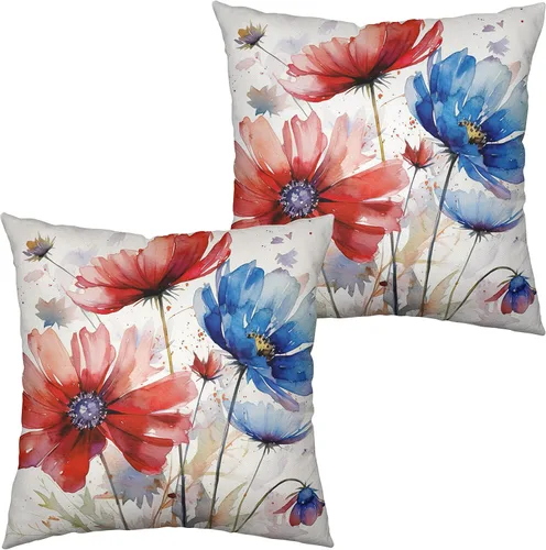 Juego de 2 fundas de almohadón de lino con estampado de flores en acuarela para exterior, 18x18, rojo y azul, con diseño floral de margaritas,