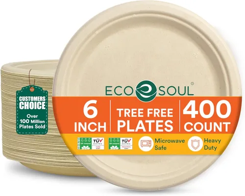 ECO SOUL Platos de papel compostables de 6 pulgadas, paquete de 400 – Pequeños platos de postre desechables, resistentes, de bagazo natural,
