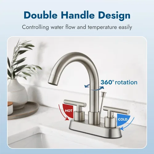 Miniatura 2 de Grifo central de lavabo de baño de 4 pulgadas, 3 agujeros, 2 asas, grifos de baño con varilla de elevación, tapón de drenaje, grifo de tocador