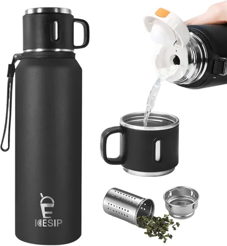 Miniatura 17 de Botella aislada de acero inoxidable, 20 onzas con taza, botella de agua aislada al vacío, termo para bebidas calientes/bebidas frías, viaje con Verde