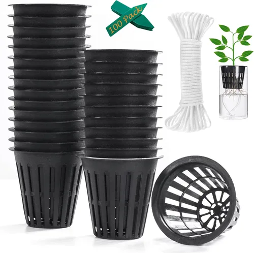 ORIMERC Macetas de red de 2 pulgadas para plantas hidropónicas, paquete de 100 tazas de red con cuerda de riego y etiquetas para plantas, para
