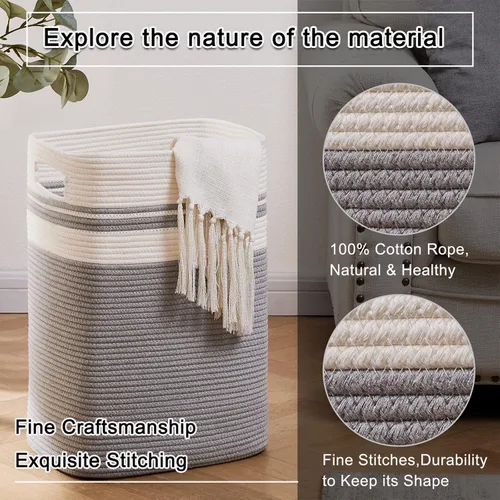 Miniatura 3 de OIAHOMY - Cesta de lavandería, cesta de almacenamiento alta decorativa de algodón con asas para sala de estar, cestas grandes plegables para Gris