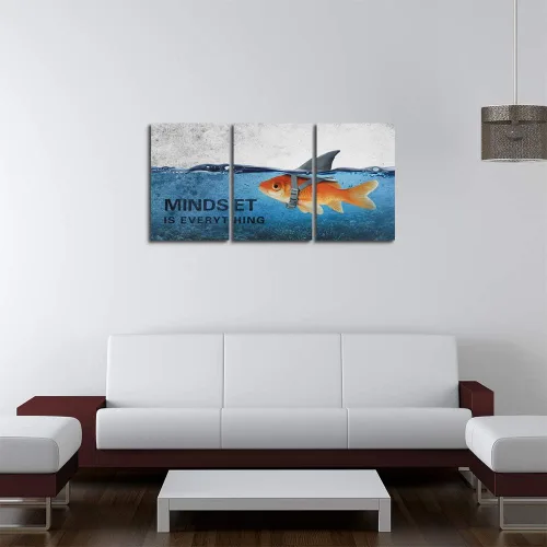 Miniatura 4 de 3 Paneles de Arte de Pared en Lienzo Inspiracional Enmarcado Moderno Pez Dorado Cuerpo Fuerte Corazón de Tiburón La Mentalidad lo es Todo Carteles