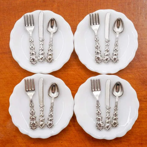 Odoria 1/12 Platos en miniatura y cubiertos Cuchillo Tenedor Cuchara Juego de accesorios para casa de muñecas, plata plateado