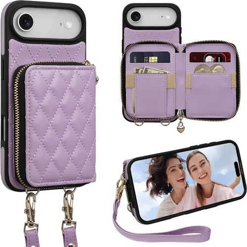 Miniatura 45 de Funda tipo cartera para iPhone 15 de 6.1 pulgadas, bolso cruzado con cremallera y correa para la muñeca con cordón para mujer, tarjetero con bloqueo