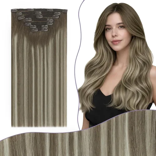Miniatura 43 de Fshine Extensiones de cabello con broches, 22 pulgadas, 7 unidades, color marrón oscuro, doble trama, extensiones de cabello humano real con clip
