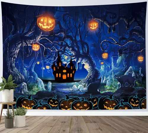 Miniatura 23 de EOBTAIN Scary Halloween Tapestry Gothic Black Crow Skull in Horror Graveyard Tapestry Wall Hanging Spooky Raven under Misty Full Moon Night Wall Art