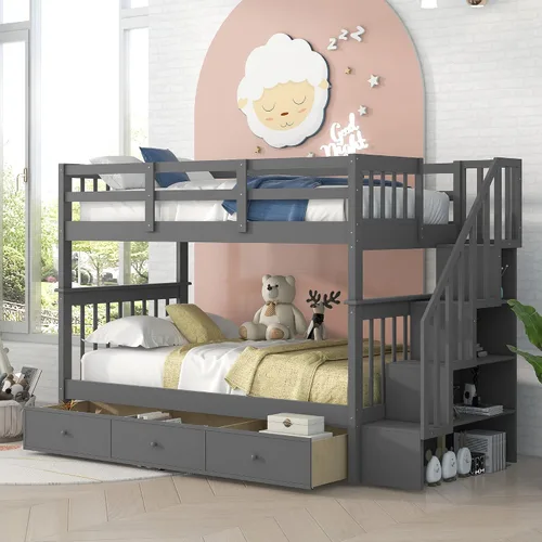 Literas de tamaño matrimonial con cajones y escaleras, marco de cama de madera con almacenamiento para niños, adolescentes y adultos, desmontable