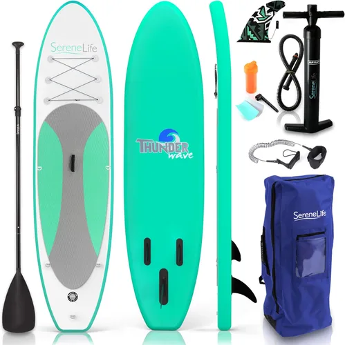 SereneLife 10’ Inflatable Stand Up Paddle Board with Premium SUP Accessories - 32” Wide Stable Design with Non-Slip EVA Deck Pad, for Youth and Verde