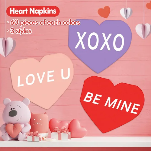 Miniatura 4 de 180 servilletas para el día de San Valentín, en forma de corazón, corazón rojo, desechables para cenas, almuerzos, bebidas, suministros de fiesta