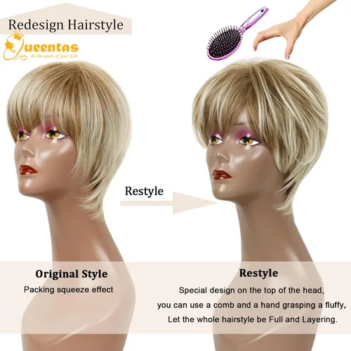 Miniatura 3 de QUEENTAS Pixie - Pelucas rubias cortas en capas para mujeres blancas y negras, cabello sintético (rubio mezclado con marrón)