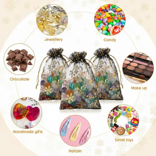 Miniatura 3 de Roowest 100 bolsas de regalo de organza con copos de nieve de 4 x 6 pulgadas, pequeñas bolsas de malla para joyas, mini cordón para dulces, bolsas