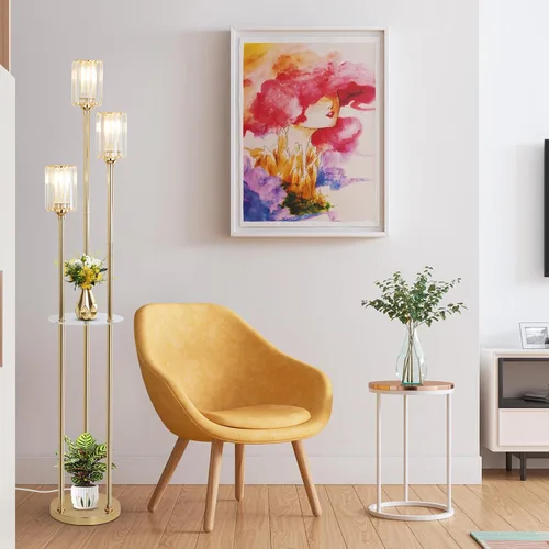 Miniatura 8 de HMVPL Lámparas de pie doradas para sala de estar, lámpara de pie moderna con estantes, lámparas de pie de cristal con mesa, lámpara alta de latón