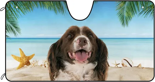 Miniatura 9 de Parasol para parabrisas delantero de automóvil con texto en inglés "A Happy Young Shih Tzu Dog Puppy in the Beach", decoración de verano, parasol