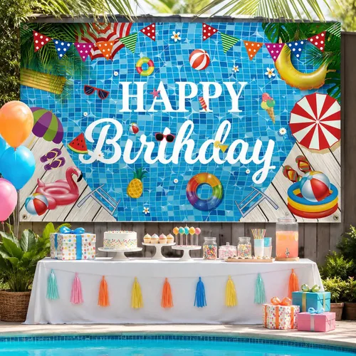 Miniatura 6 de Decoraciones de fiesta de cumpleaños para piscina, pancarta de feliz cumpleaños, telón de fondo de fiesta de piscina para fiesta de cumpleaños