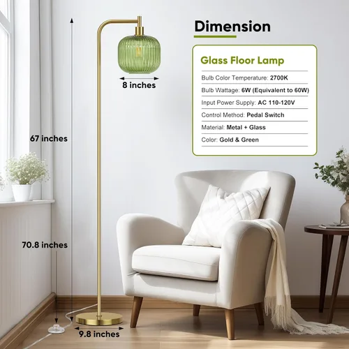 Miniatura 4 de QiMH Lámpara de pie de cristal para sala de estar, lámpara de pie moderna con pantalla de vidrio acanalado e interruptor de pedal, lámpara de 67