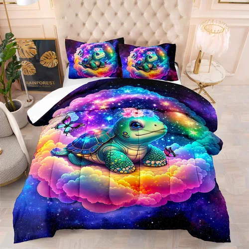 Miniatura 26 de AILONEN Lindo juego de edredón de ajolote tamaño Queen, 3 piezas para niños y niñas, ropa de cama en una bolsa, ropa de cama costera azul turquesa