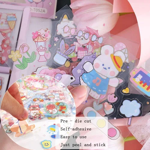 Miniatura 4 de 100 hojas de pegatinas decorativas de PET, lindo juego de pegatinas resistentes al agua para álbum de recortes, diario, planificador de bullet
