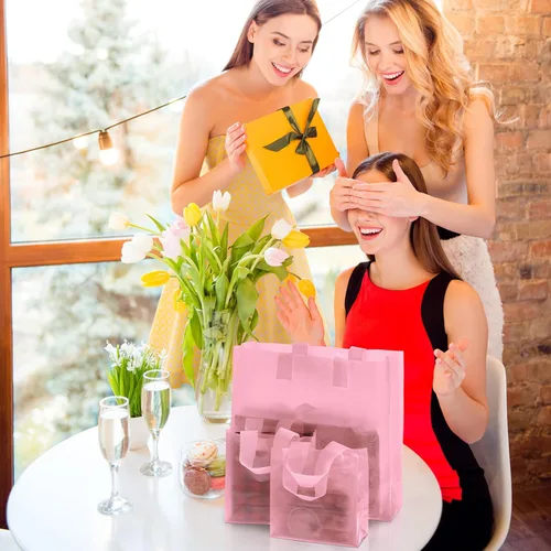 Miniatura 6 de Weewooday 100 piezas bolsas de regalo de plástico esmerilado con asas para pequeñas empresas, bolsas de compras transparentes con parte inferior
