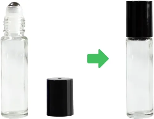 Miniatura 4 de Botellas de vidrio transparente de 0.3 fl oz con bolas de rodillo de acero inoxidable y tapas negras, paquete de 24 (transparente)