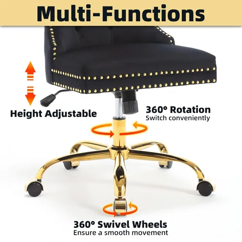 Miniatura 6 de Silla de escritorio de terciopelo con ruedas, silla de oficina dorada, silla giratoria sin brazos con ribete de remache de respaldo alto, cómoda