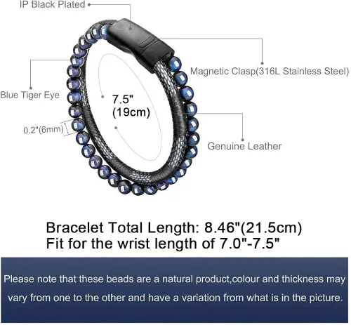 Miniatura 2 de murtoo - Pulsera de piel con cuentas o abalorios para hombre cuentas naturales acero y piel